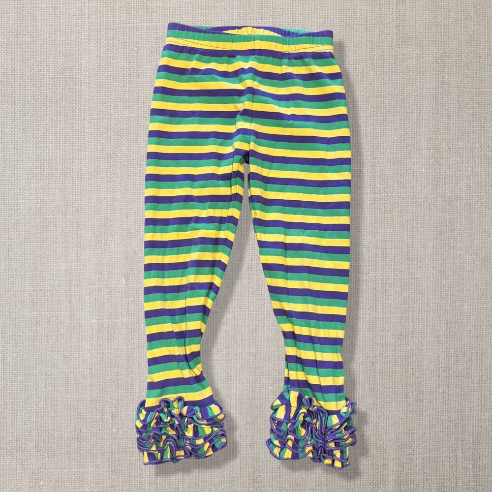 L.T.C. Girls Mardi Gras Ruffle Leggings Purple Green Gold Striped 3T